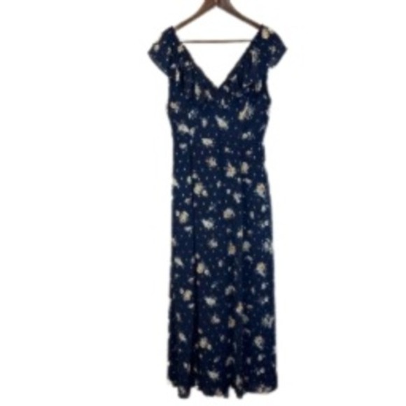 Mi Ami Francesca's Navy Blue Floral V-Neck Ruffled Maxi Dress Size Medium - Picture 2 of 9